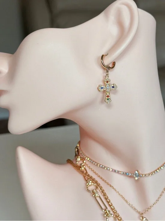 Gold Cross Pendant Huggie Earring with Multicolor Stones - Picture 1 of 12